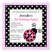 Pink Ladybug Birthday - Black and White Polka Dots Custom Invitations