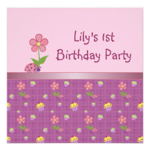 Pink Ladybug Girls 1st Birthday Party Personalized Announcement
