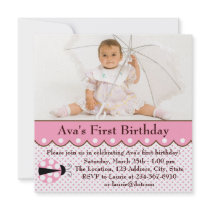 Pink Ladybug Girls Photo 1st Birthday Party Personalized Announcement