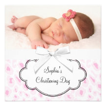 Pink Leopard Girl Photo Christening Personalized Announcements