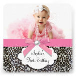Pink Leopard Girls Photo 1st Birthday Party Custom Announcement