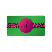 Pink leopard pattern stripe green monogram address label