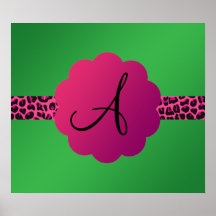 Pink leopard pattern stripe green monogram poster