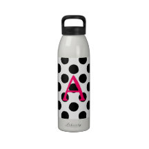 Pink Letter A on Black Polka Dots Water Bottles