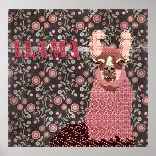 Pink Llama Brown Vintage Floral Poster