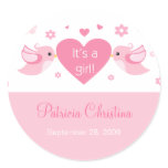 Pink Love Birds Baby Birth Announcement Round Sticker