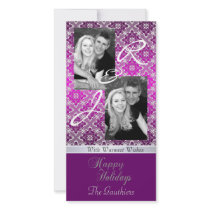 Pink Monogram Lace Holiday Ribbon Photo Card