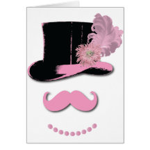 Pink moustache, top hat, feathers, and flower greeting cards