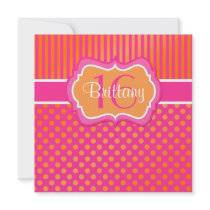 Pink, Orange Polka Dots Sixteenth Birthday Invite