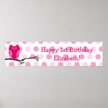 Pink Owl 1st Birthday Personalized Sign Posters