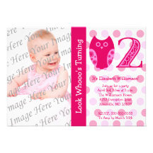 Pink Owl 2nd Birthday Party Photo Invitations