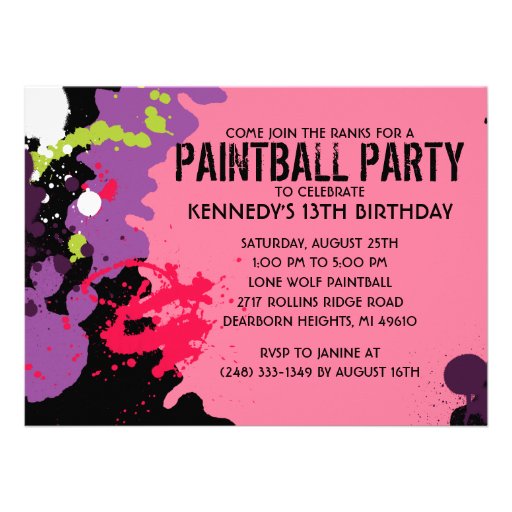 Pink Paintball Splatter Paintball Birthday Party Personalized Invites