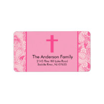 Pink Paisley Cross Religious Baptism Address Label