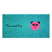 Pink panda face turquoise glitter picture card