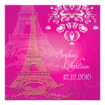 Pink Paris Eiffel + swirls  Wedding Invitations