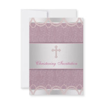 Pink Pearl Cross Baby Girl Baptism Christening Personalized Invites