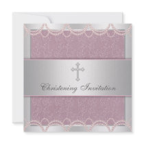 Pink Pearl Cross Baby Girl Baptism Christening Invitation