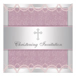 Pink Pearl Cross Baby Girl Baptism Christening Invitation