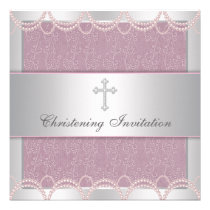 Pink Pearl Cross Baby Girl Baptism Christening invitations