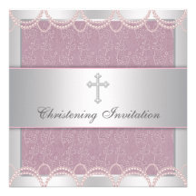 Pink Pearl Cross Baby Girl Baptism Christening Invitation