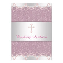 Pink Pearl Cross Baby Girl Baptism Christening Personalized Invites