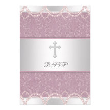 Pink Pearl Cross Baby Girl Baptism Christening RSV Custom Invitations