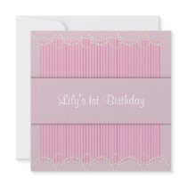 Pink Pearl Pinstripe Girls 1st Birthday Party Custom Announcements