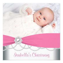 Pink Pearls Girls Pink Photo Christening Invitatio Custom Announcement