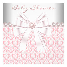 Pink Pearls Pink Damask Baby Girl Shower Personalized Announcement