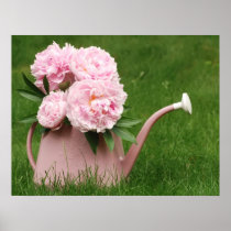 pink peonies in a watering can poster