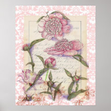 Pink Peony Flower Pen and Ink Art Collage Drawing Print