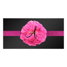Pink peony monogram photo card