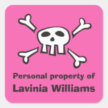 Pink pirate skull personal property label square sticker