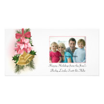 Pink Poinsettas with Gold Bells Photo Card