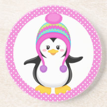 Pink Polka Dot Winter Penguin Girl Coasters