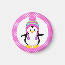 Pink Polka Dot Winter Penguin Girl Refrigerator Magnet
