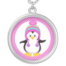 Pink Polka Dot Winter Penguin Girl Personalized Necklace