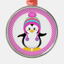 Pink Polka Dot Winter Penguin Girl Christmas Ornaments