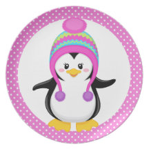 Pink Polka Dot Winter Penguin Girl Party Plate