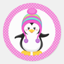 Pink Polka Dot Winter Penguin Girl Round Sticker