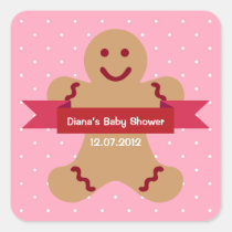 Pink polka gingerbread man ribbon baby shower tag stickers