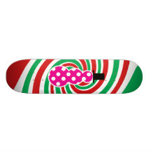 Pink polkadot snowman on red green swirl skateboards
