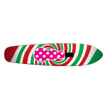 Pink polkadot snowman on red green swirl custom skateboard