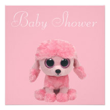 Pink Poodle, Baby Shoes & Pearls Baby Shower Personalized Announcements