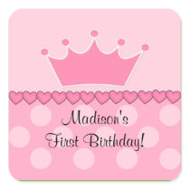 Pink Princess Crown Happy Birthday Square Sticker!