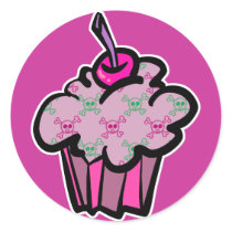 pink punk skull crossbones cupcake round sticker