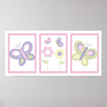 Pink Purple Butterfly Flower Nursery Wall Art Posters