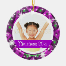 Pink purple Christmas photo personalize Ornaments