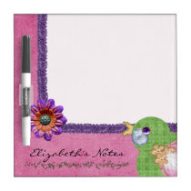 Pink Purple Feminine Girly Decorative Bird Flower dry erase boards
