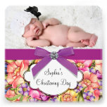 Pink Purple Flower Baby Girl Photo Christening Announcements